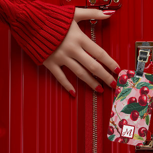 Stylish Retro Pink and Red Monogrammed Cherry Luggage Tag