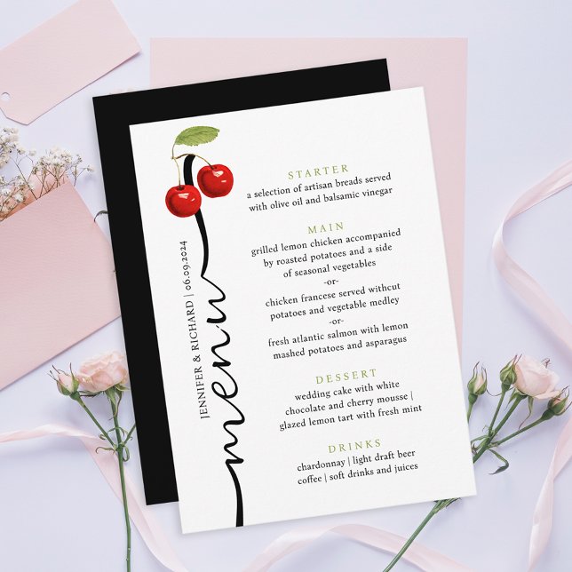 Stylish Retro Red Green Cherries Wedding Flat Menu (Creator Uploaded)