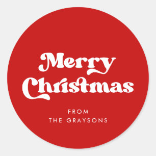Stylish Retro Red Merry Christmas Classic Round Sticker