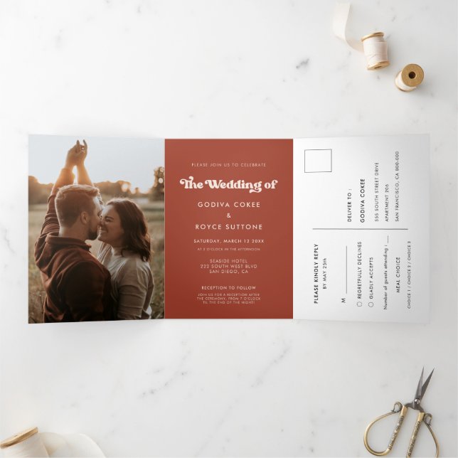 Stylish retro terracotta all-in-one wedding photo Tri-Fold invitation (Inside)