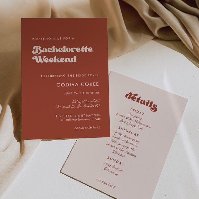 Stylish retro terracotta Bachelorette Weekend Invitation (Creator Uploaded)