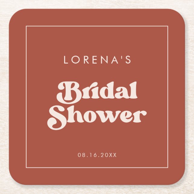 Stylish retro Terracotta Bridal Shower Square Paper Coaster (Front)