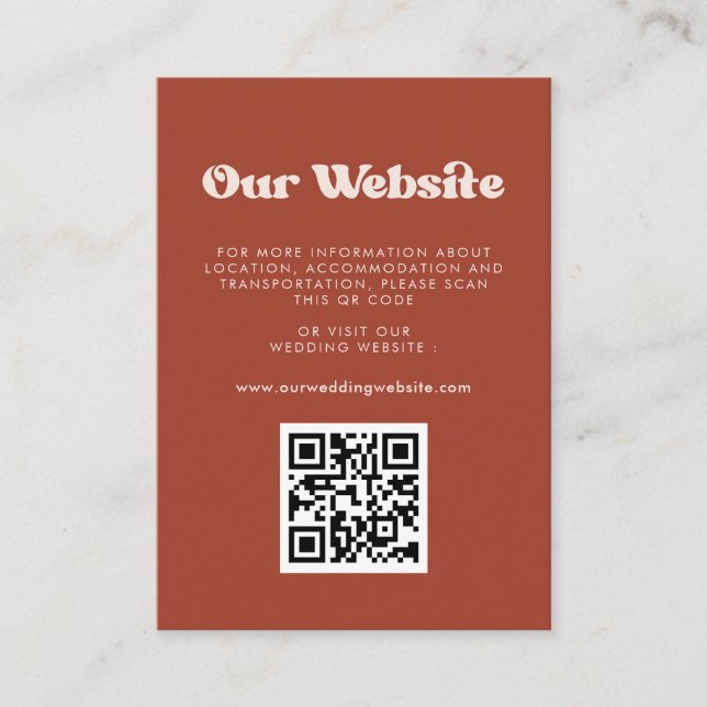 Stylish retro Terracotta QR code wedding website Enclosure Card (Front)