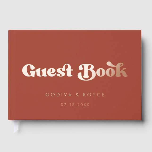 Stylish Retro Terracotta Rose Gold Foil wedding Guest Book (Front)