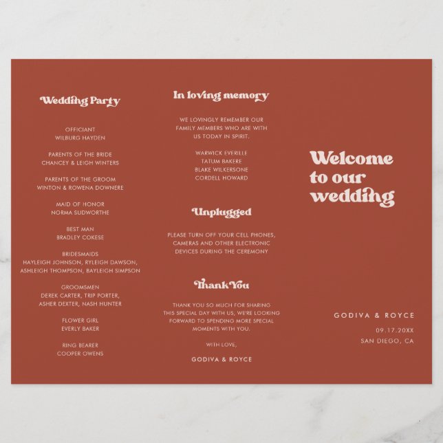 Stylish retro Terracotta Trifold Wedding Program Flyer (Back)