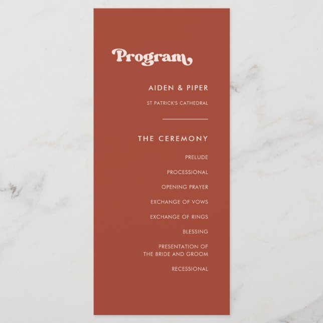 Stylish retro terracotta wedding program programme (Front)