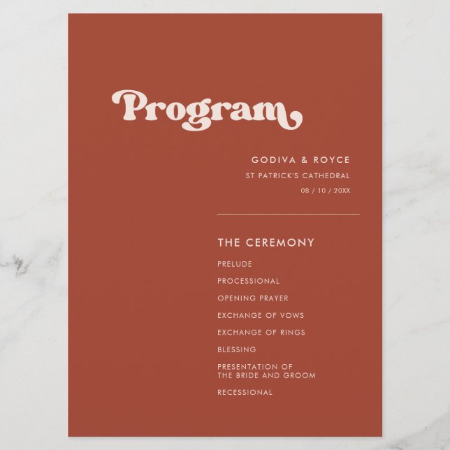 Stylish retro terracotta wedding programme (Front)