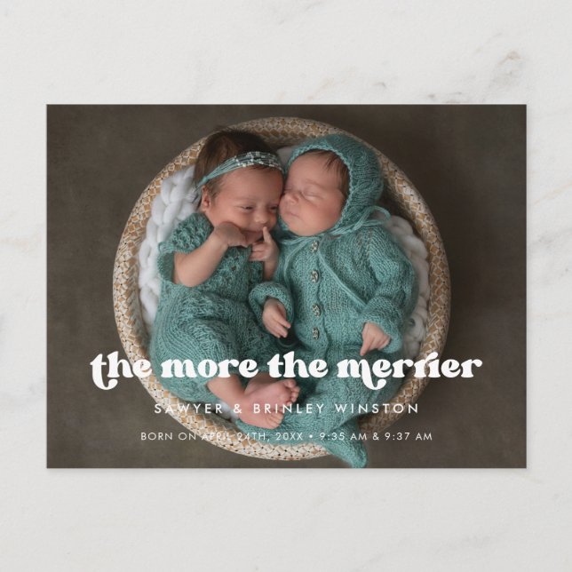 Stylish retro The More The Merrier Birth Photo Postcard (Front)