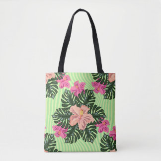 Stylish Retro Tropical Hibiscus & Monstera Floral  Tote Bag