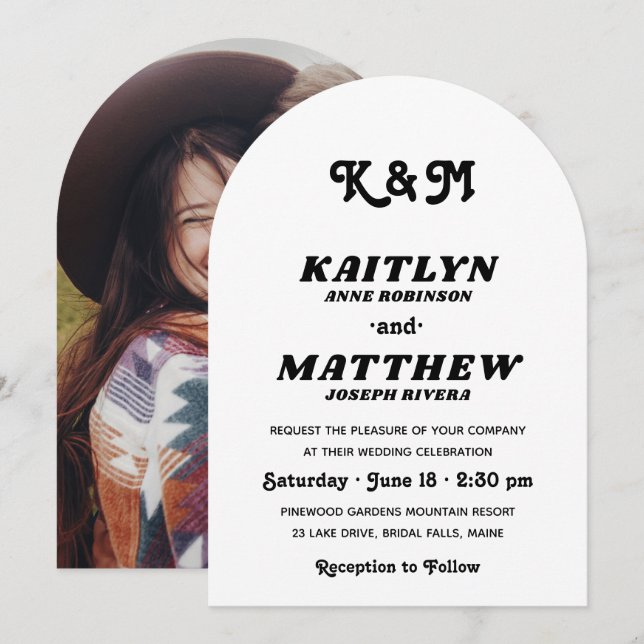Stylish Retro Typography Monogram Photo Wedding Invitation (Front/Back)