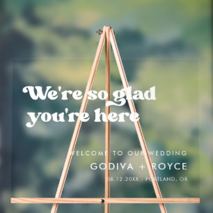 Stylish retro white So glad you're here Clear Acrylic Sign