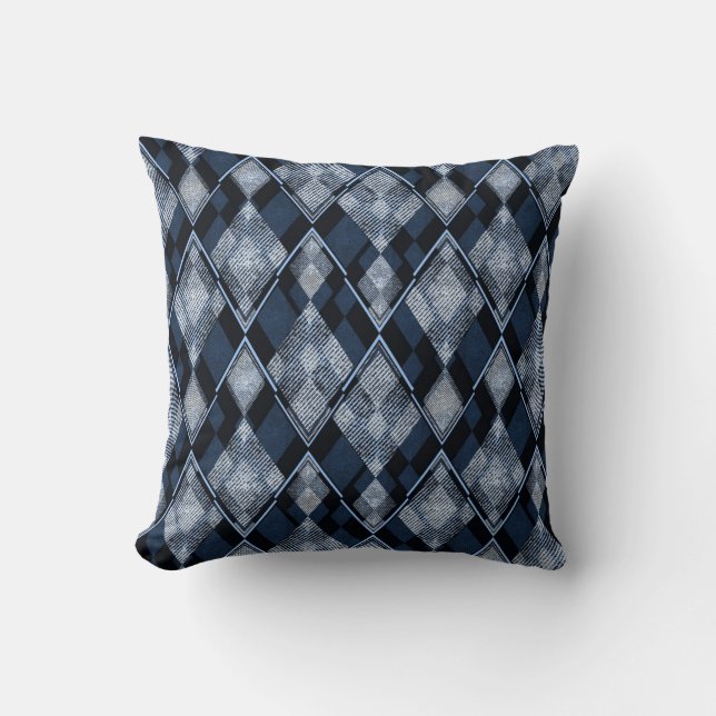 Stylish rhombic classic blue grey trendy textured cushion (Front)