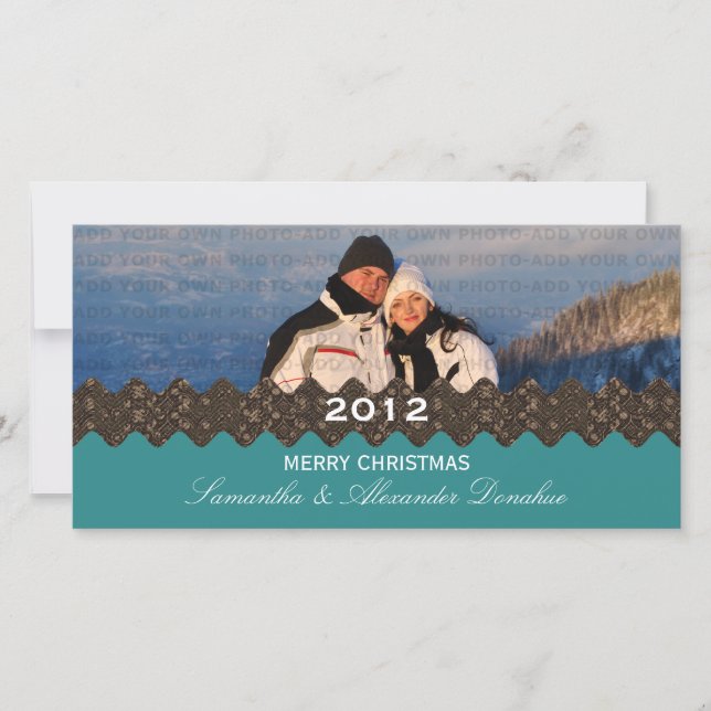 Stylish Ribbon Holiday Photo Card, Teal (Front)