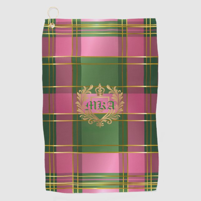 Stylish Rich Pink Green Plaid Crest Monogram Golf Towel (Front)