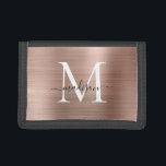 Stylish Rose Gold Brushed Metal Monogram Script Trifold Wallet<br><div class="desc">Stylish Rose Gold Brushed Metal Monogram Script Trifold Wallet</div>