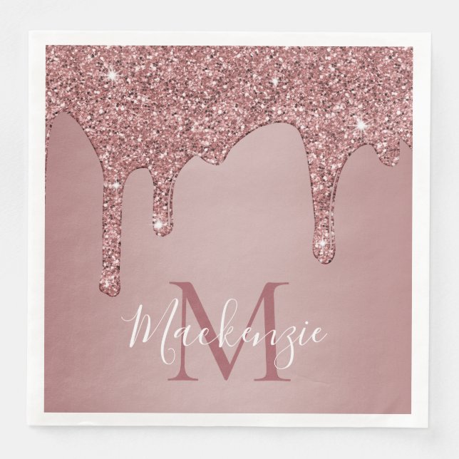 Stylish Rose Gold Dripping Glitter Monogram Napkin (Front)