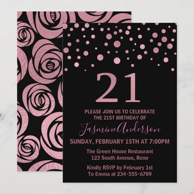 Stylish Rose Gold Faux Foil 21st Birthday Party Invitation (Front/Back)