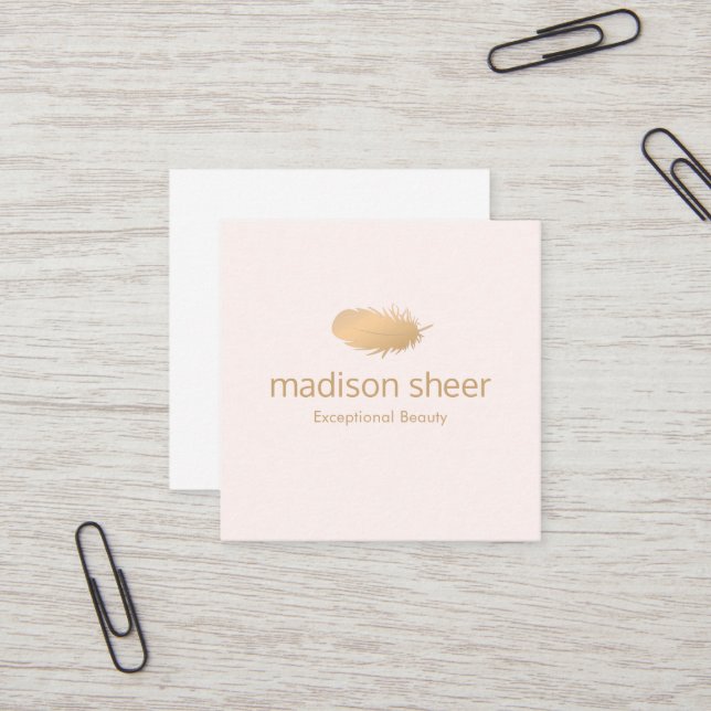 Stylish Rose Gold Feather Light Blush Pink Square Business Card (Front/Back In Situ)