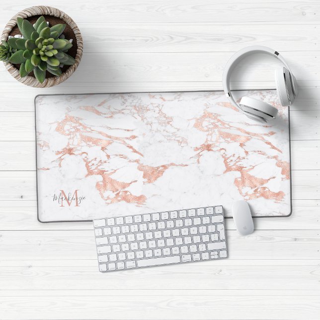Stylish Rose Gold Foil Marble Monogram Desk Mat (Chic Rose Gold Marble Desk Mat Mouse Pad)