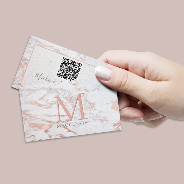Stylish Rose Gold Foil Marble Monogram QR Code Business Card (Creator Uploaded)