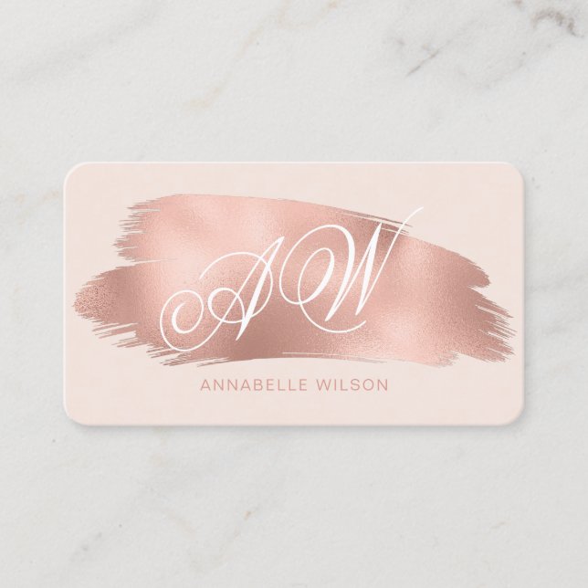 Stylish Rose Gold Foil & Pink Monogram Business Card (Front)