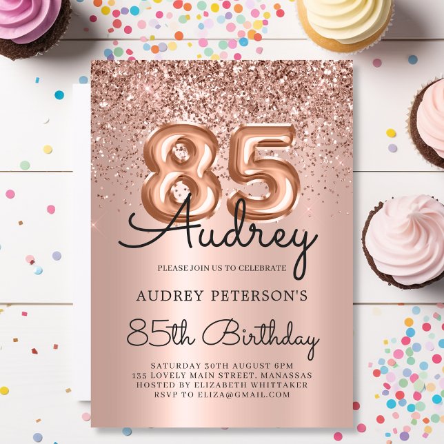 Stylish Rose Gold Glitter Balloon 85th Birthday Invitation (Creator Uploaded)