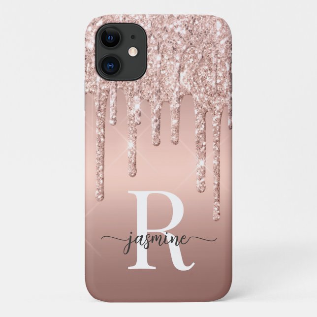 Stylish Rose Gold Glitter Drips Metal Monogrammed Case-Mate iPhone Case (Back)