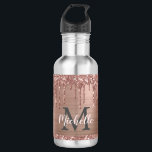 Stylish Rose Gold Glitter Drips Monogrammed  532 Ml Water Bottle<br><div class="desc">Modern, girly rose gold glitter drips name and monogrammed water bottle. This design features blush pink rose gold glitter sparkle drips on faux pink brushed metal background with custom personalised monogram initial and first name text template. Perfect girly gift. Please note, this design is a printed photo effect with no...</div>