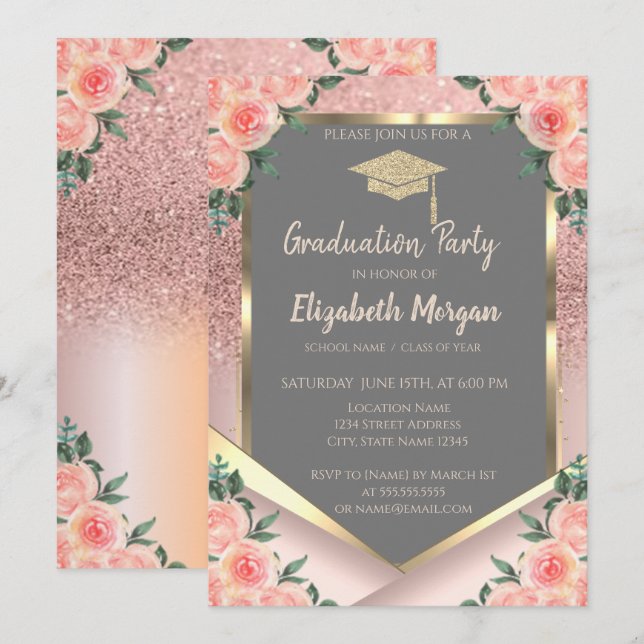 Stylish Rose Gold Glitter Floral Graduation Invitation (Front/Back)