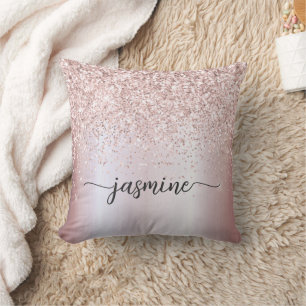Stylish Rose Gold Glitter Monogram Name Script Cushion