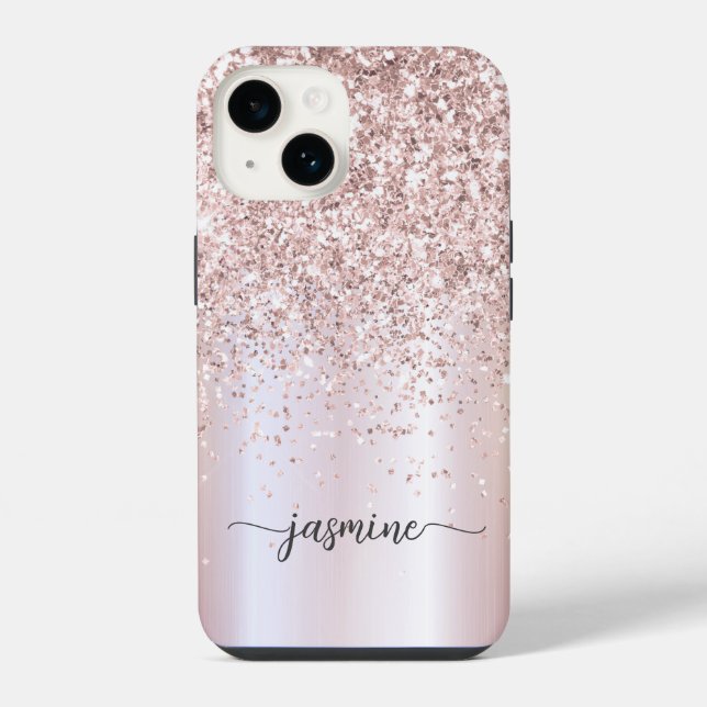 Stylish Rose Gold Glitter Monogram Name Script  iPhone Case (Back)