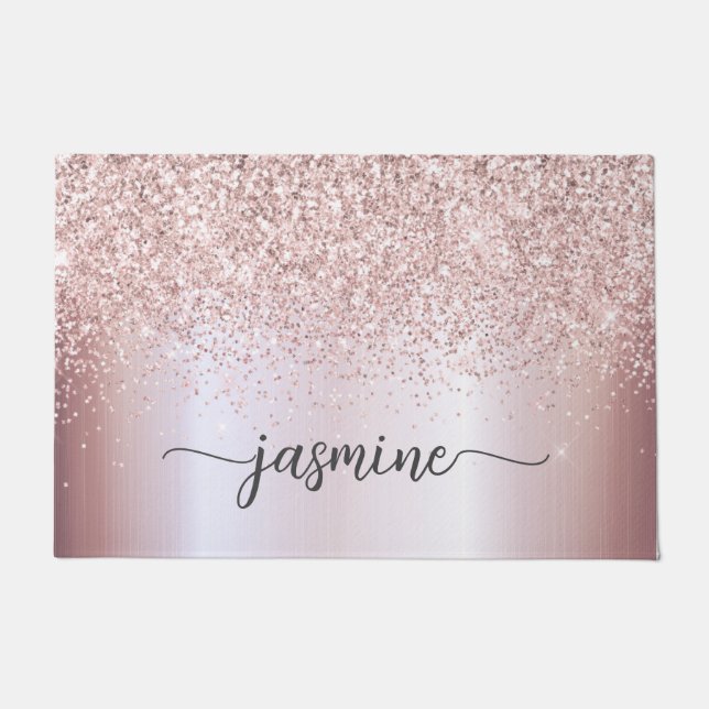 Stylish Rose Gold Glitter Monogram Name Signature Doormat (Front)