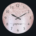 Stylish Rose Gold Glitter Monogram Name Signature Large Clock<br><div class="desc">Girly Glam Blush Rose Gold Glitter Metallic Monogram Name Script Custom Personalised Large Clock. These design featuring your first name in a pretty hand lettered style swash tail font signature typography on blush pink rose gold faux metallic foil with glam sparkle glitter border. These are easy to customise it. Great...</div>