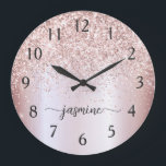 Stylish Rose Gold Glitter Monogram Name Signature Large Clock<br><div class="desc">Girly Glam Blush Rose Gold Glitter Metallic Monogram Name Script Custom Personalised Large Clock. These design featuring your first name in a pretty hand lettered style swash tail font signature typography on blush pink rose gold faux metallic foil with glam sparkle glitter border. These are easy to customise it. Great...</div>