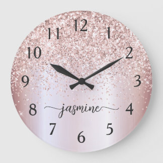 Stylish Rose Gold Glitter Monogram Name Signature Large Clock