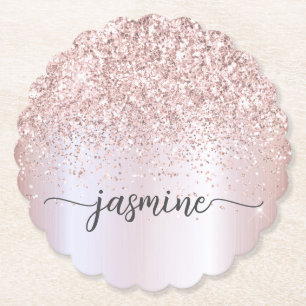 Stylish Rose Gold Glitter Monogram Name Signature  Paper Coaster