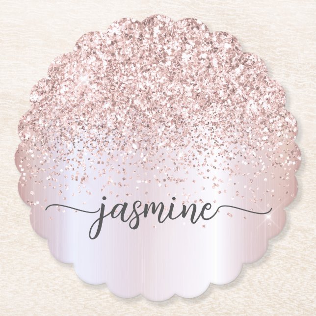 Stylish Rose Gold Glitter Monogram Name Signature  Paper Coaster (Front)