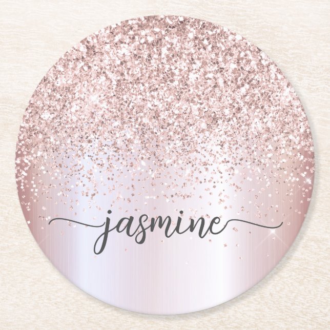 Stylish Rose Gold Glitter Monogram Name Signature Round Paper Coaster (Front)