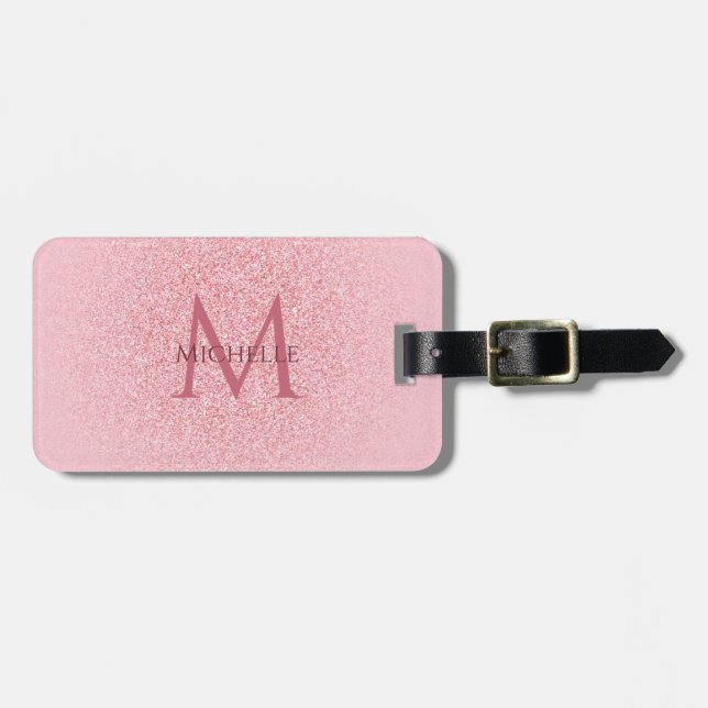 Stylish Rose Gold Glitter Trendy Template Monogram Luggage Tag (Front Horizontal)