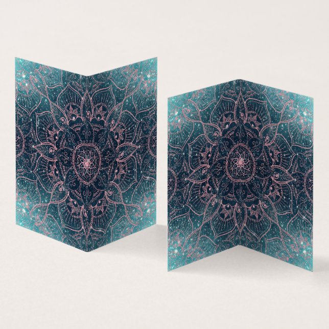 Stylish Rose Gold Mandala Blue Nebula Stars Business Card (Inside and Outside)