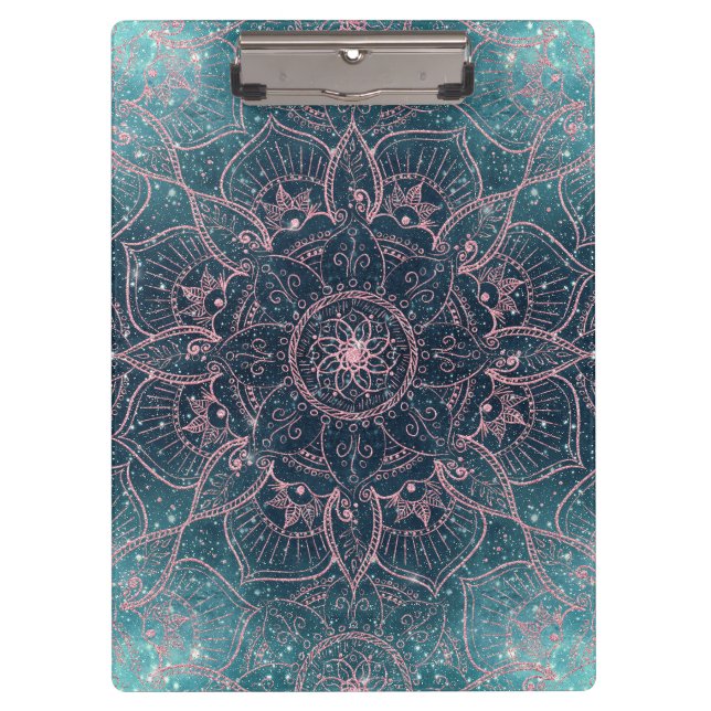 Stylish Rose Gold Mandala Blue Nebula Stars Clipboard (Front)
