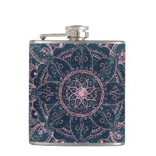 Stylish Rose Gold Mandala Blue Nebula Stars Design Hip Flask