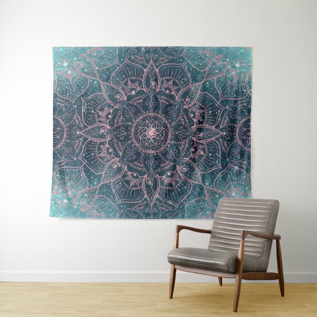 Stylish Rose Gold Mandala Blue Nebula Stars Tapestry (In Situ (Horizontal))