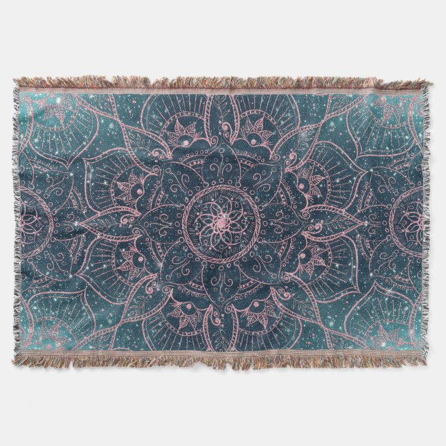 Stylish Rose Gold Mandala Blue Nebula Stars Throw Blanket (Front)