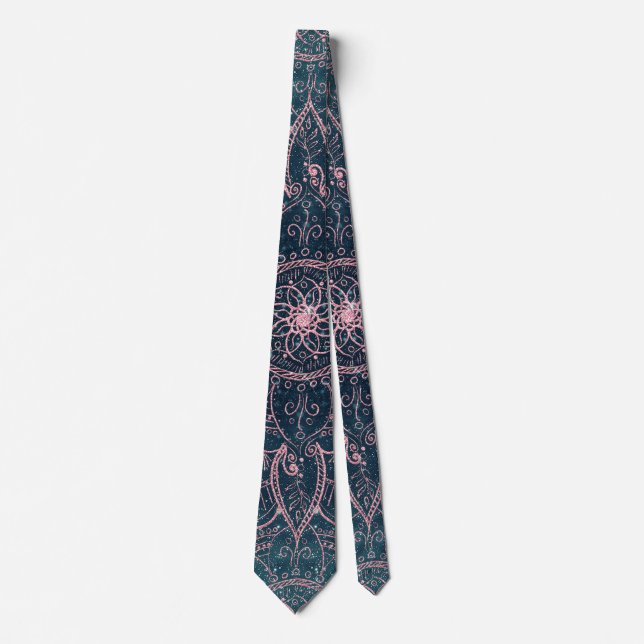 Stylish Rose Gold Mandala Blue Nebula Stars Tie (Front)