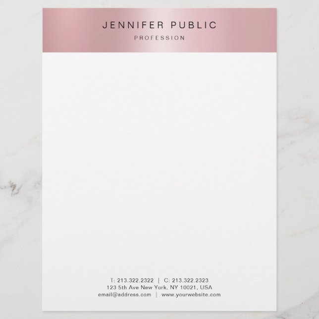 Stylish Rose Gold Modern Cute Design Template Custom Letterhead (Front)