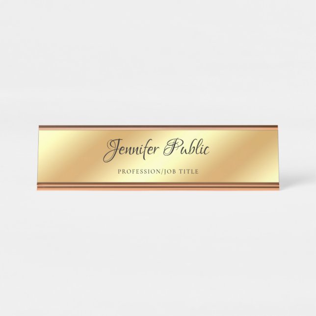 Stylish Rose Gold Template Hand Script Text Trendy Desk Name Plate (Front)