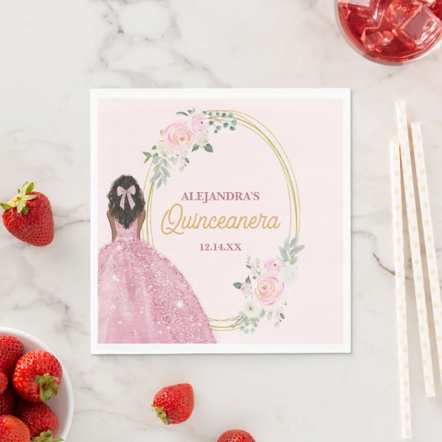 Stylish Rose Gold Watercolor Rose Quinceanera Napkin (Insitu)