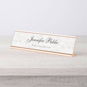 Stylish Rose Gold White Marble Modern Template Desk Name Plate