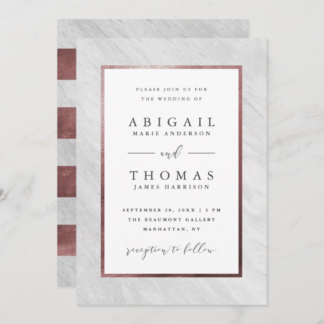 Stylish Rose Gold & White Marble Wedding Invitation (Front/Back)